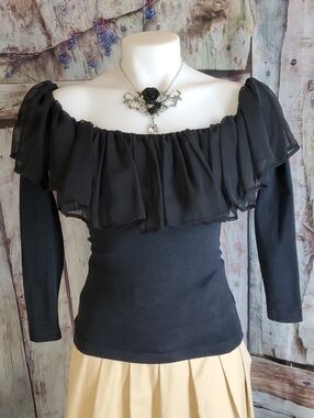 Betsey Johnson Black Off-Shoulder Ruffle Long Sleeve Top
